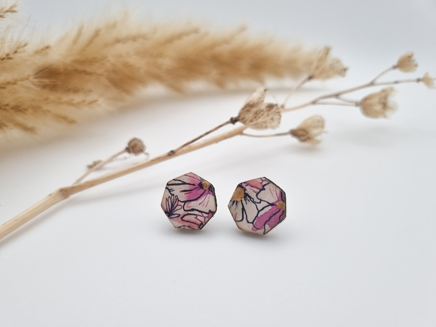 Floral Rural Garden Earrings - Pinks Heptagon