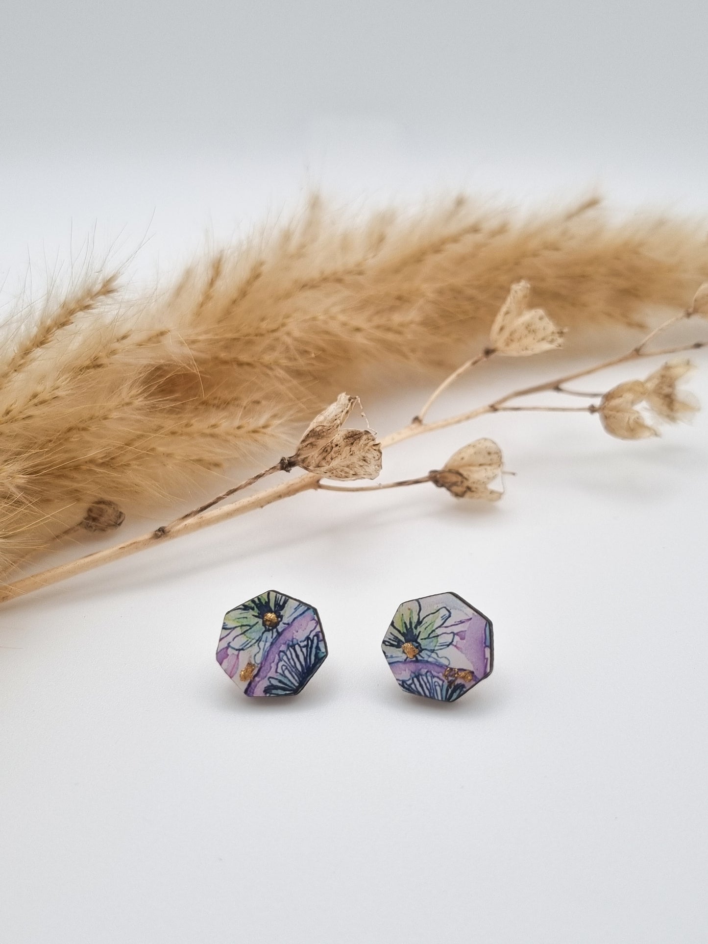 Floral Rural Garden Earrings - Green Blue Heptagon