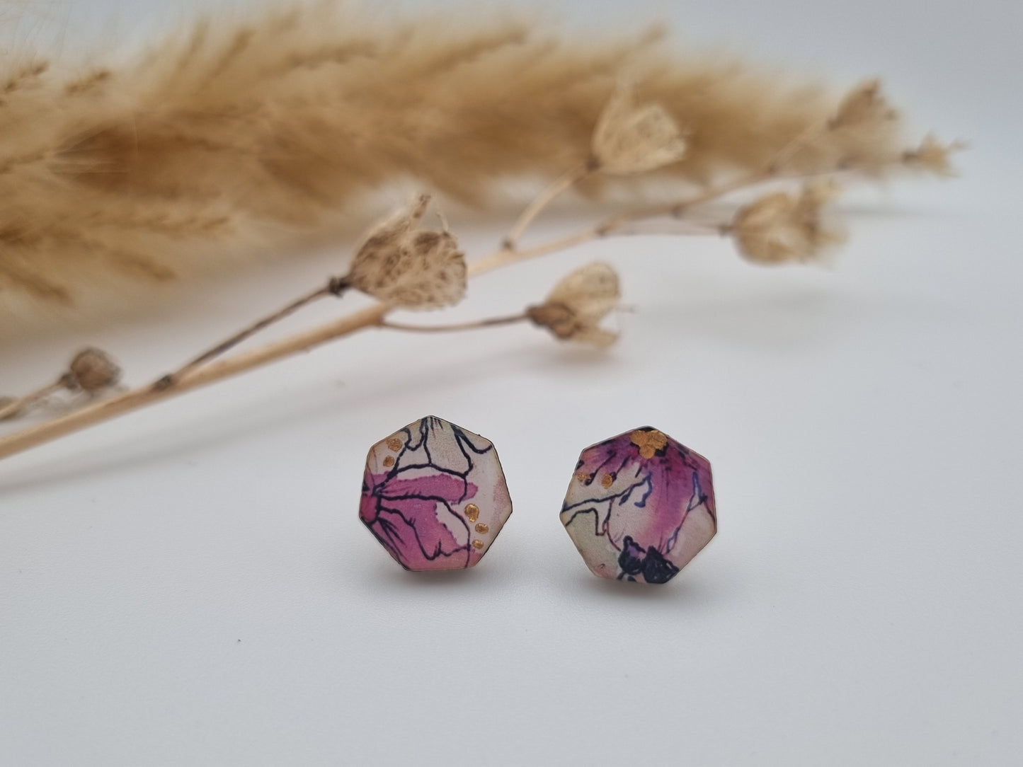 Floral Rural Garden Earrings - Pinks Heptagon