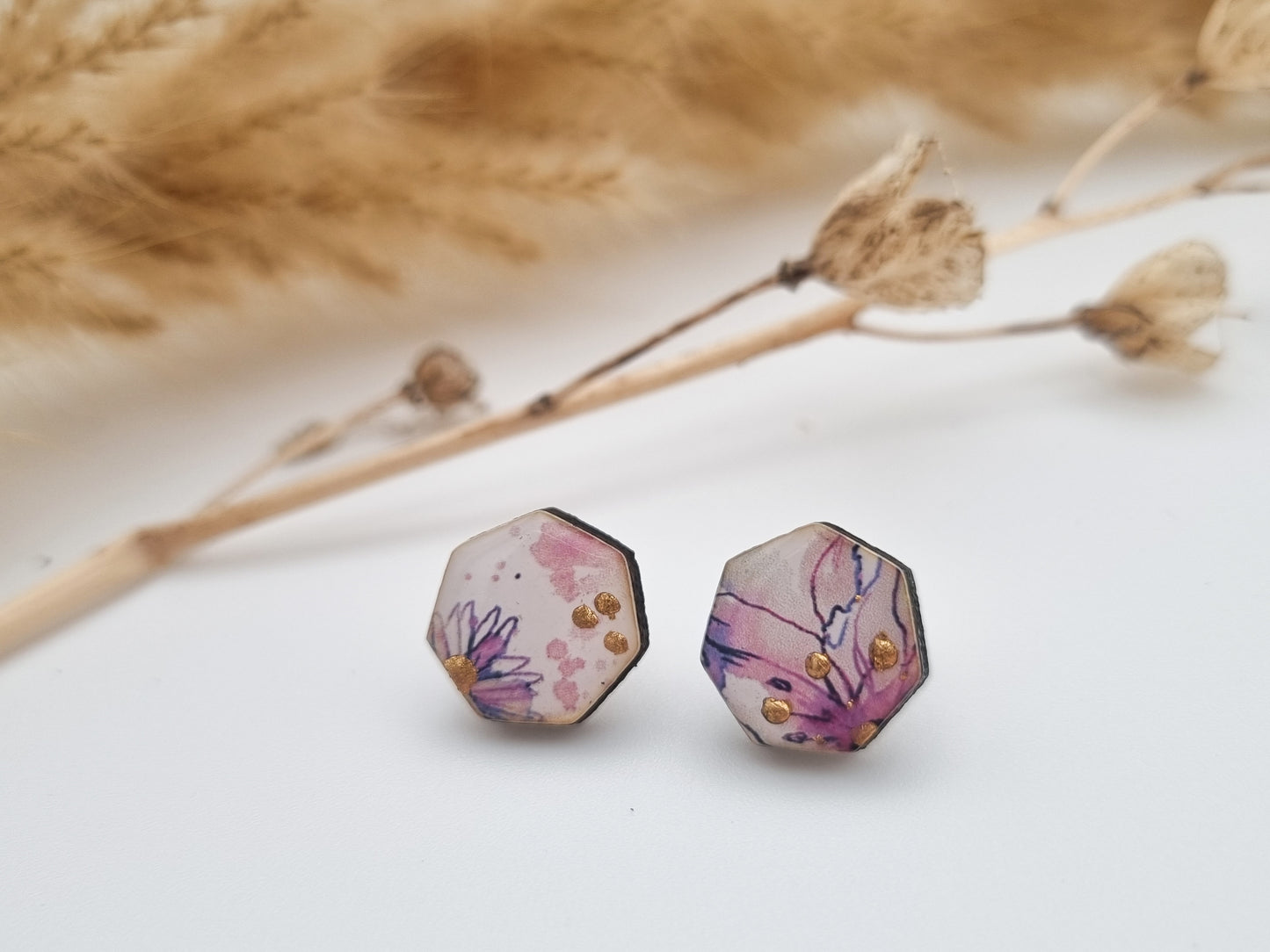 Floral Rural Garden Earrings - Pinks Heptagon