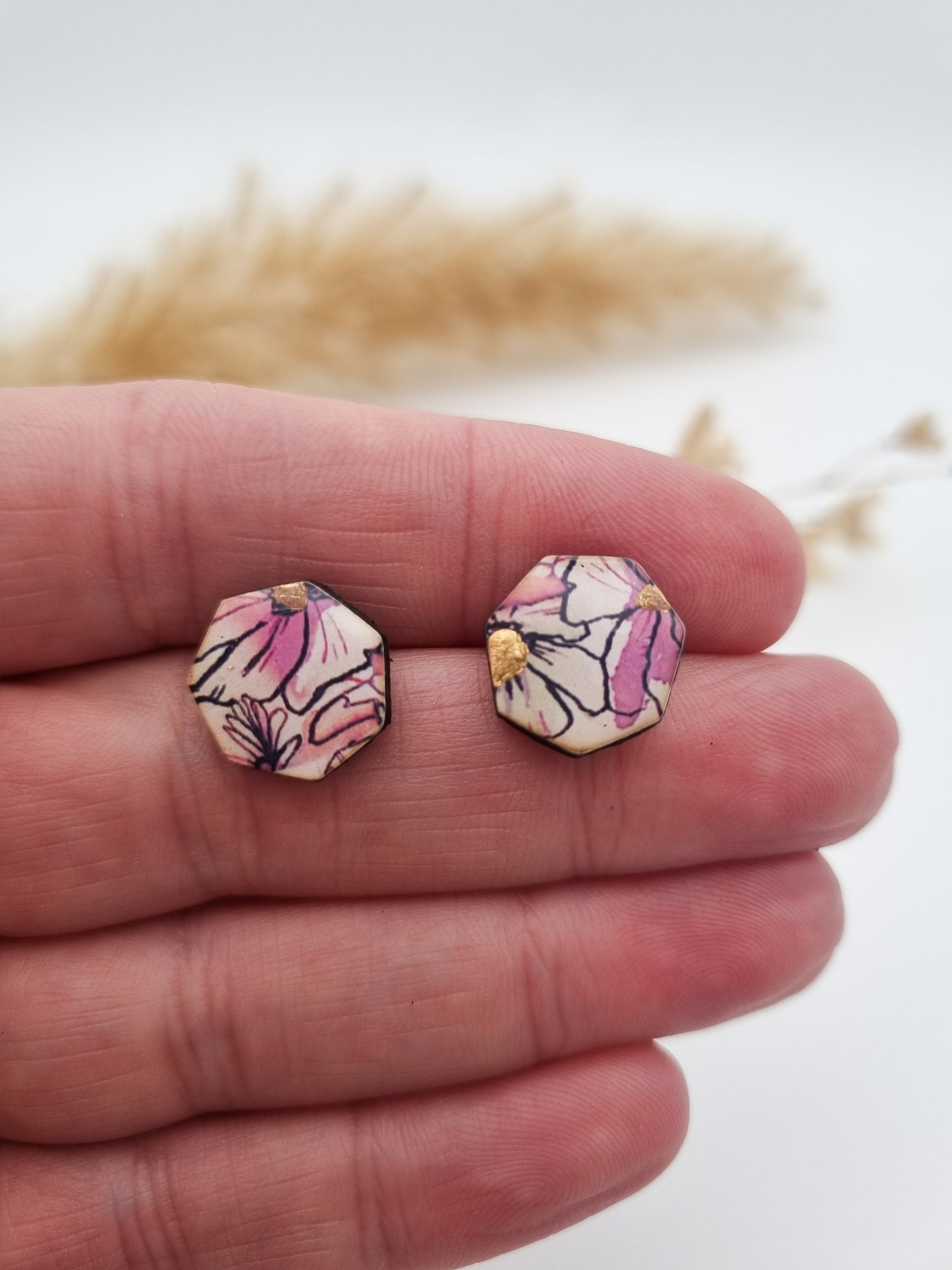 Floral Rural Garden Earrings - Pinks Heptagon