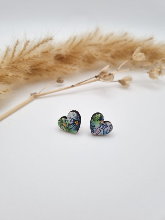 Floral Rural Garden Earrings - Green Blue Heart
