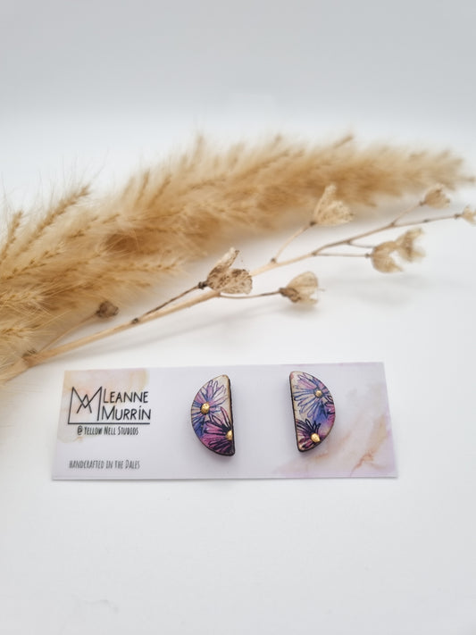 Floral Rural Garden Earrings - Pink Purple Semi Circle