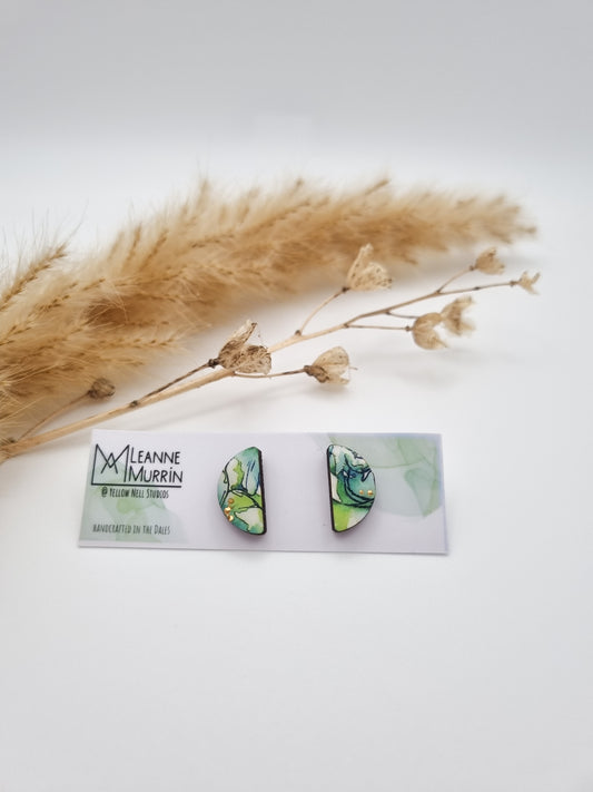 Floral Rural Garden Earrings - Green Blue Semi Circle