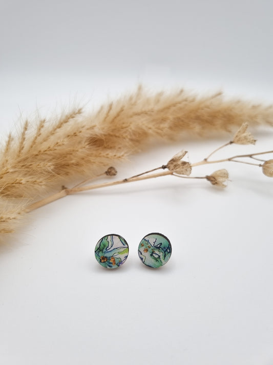 Floral Rural Garden Earrings - Green Blue Circle 13mm
