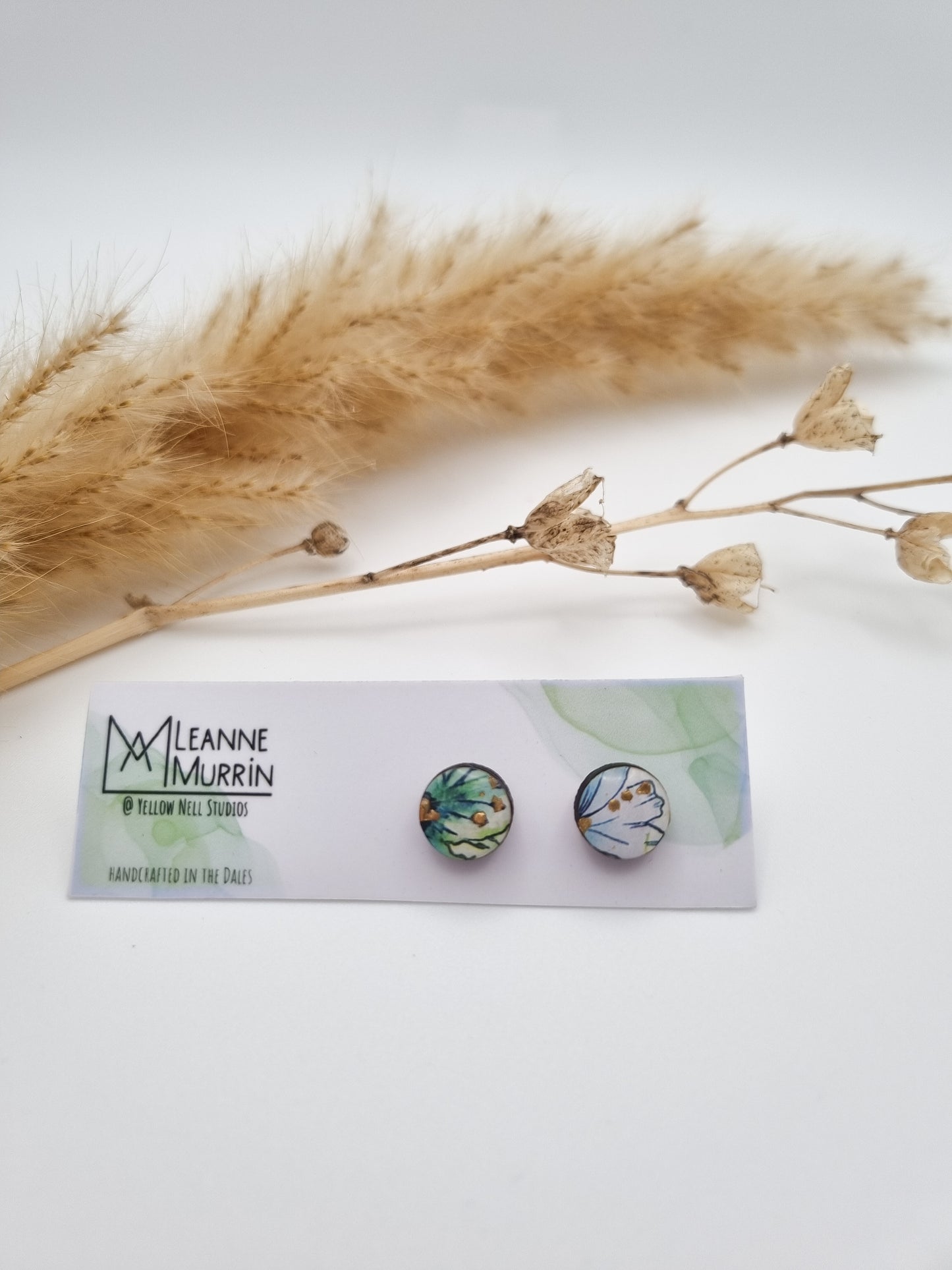 Floral Rural Garden Earrings - Green Blue Circle 10mm