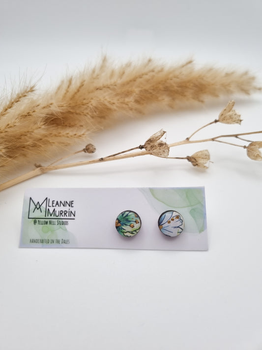 Floral Rural Garden Earrings - Green Blue Circle 10mm