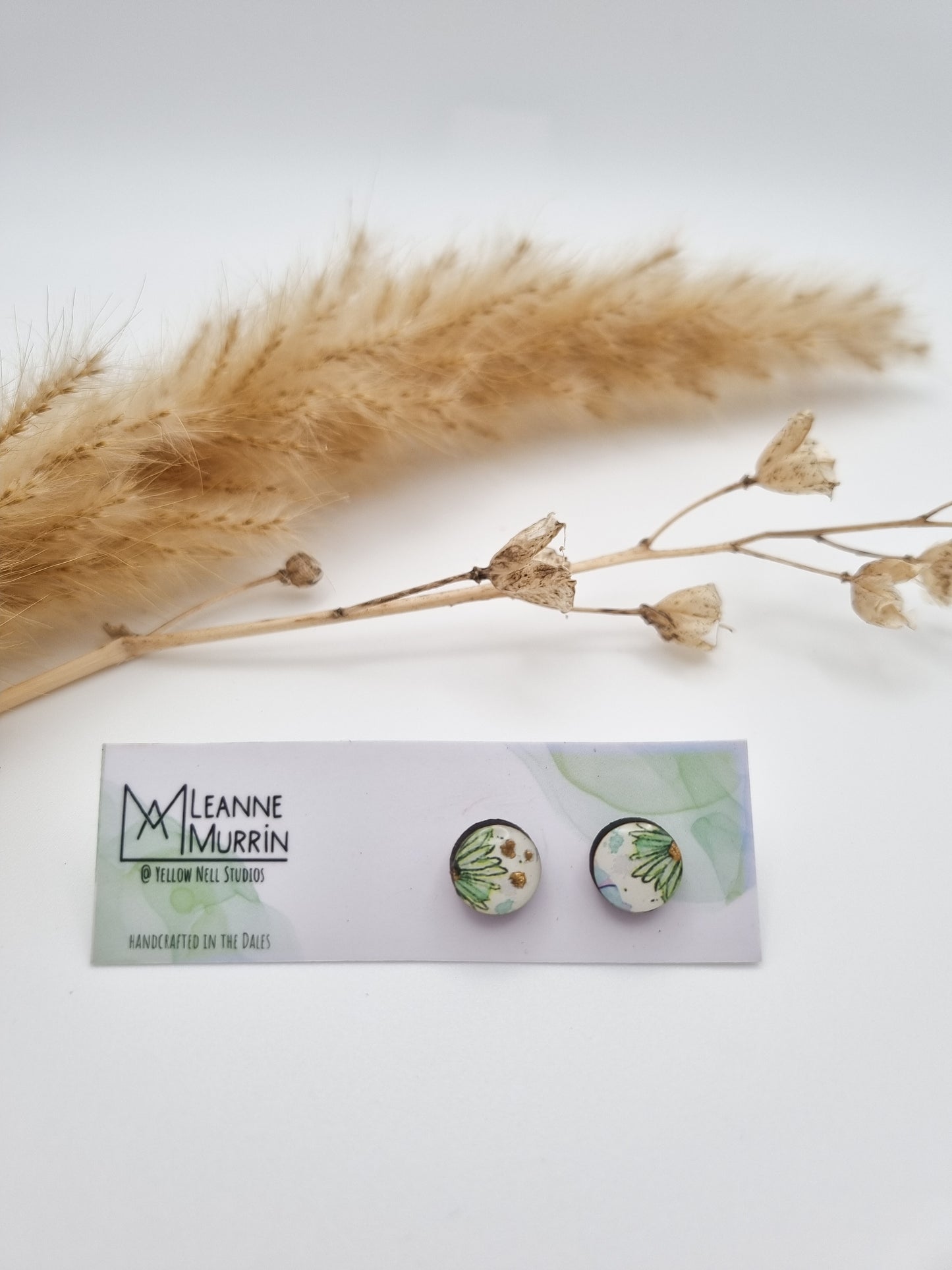 Floral Rural Garden Earrings - Green Blue Circle 10mm