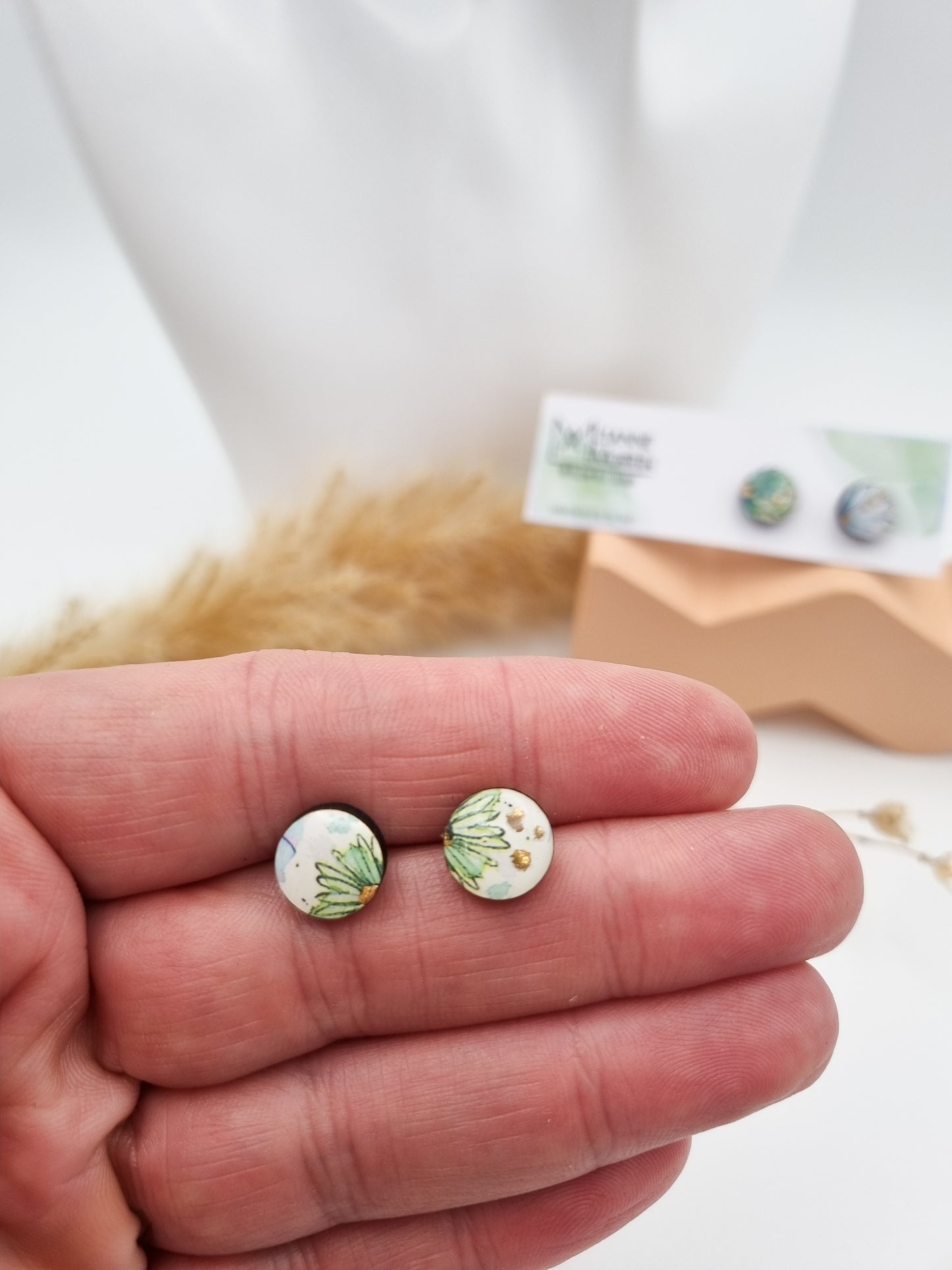 Floral Rural Garden Earrings - Green Blue Circle 10mm