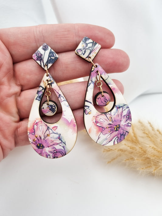 Floral Rural Garden Earrings - Pinks Double Dangle/Drop